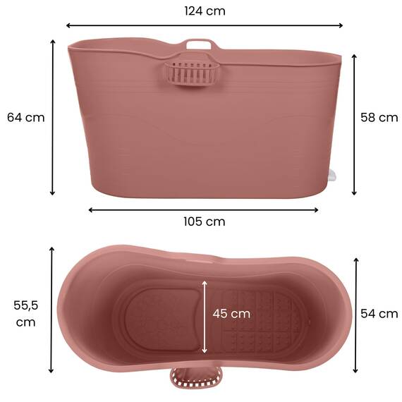 HelloBath® Mobile Badewanne XL 122x56x64 cm für Erwachsene | Tragbare Sitzbadewanne mit Abdeckhaube, Ablage, Seifenkorb & Ablaufschlauch | Badewanne für Dusche & Outdoor | Terrakotta