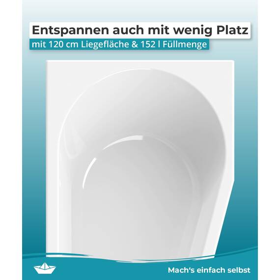 Calmwaters® Raumspar-Badewannen-Set 160x70 cm, Made in EU, mit Wannenträger & Ablaufgarnitur, Acrylwanne Essential Small, platzsparende Wanne, Set Badewanne komplett, 160 x 70 cm, Weiß