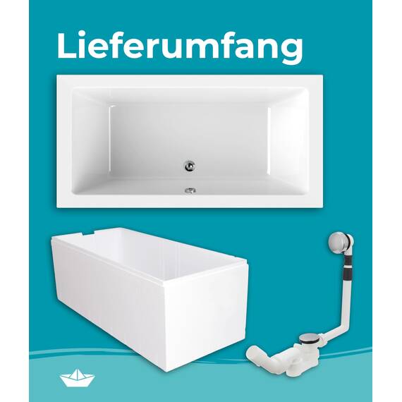 Calmwaters® Acryl Premium Badewanne Komplettset 200x90 cm - Made in EU - mit Wannenträger & Ablaufgarnitur - Duo-Badewanne 2 Personen