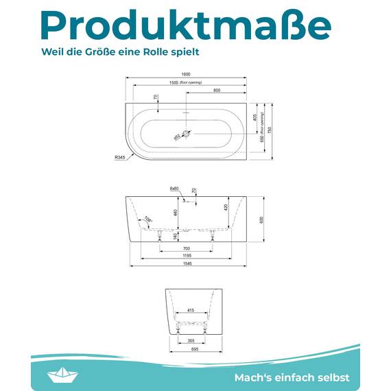 Calmwaters® Vorwand-Badewanne 160x75 cm Komplettset Seamless Comfort, fugenloses Design, vormontiert mit Schürze & Ablaufgarnitur, linke Ausführung, Made in EU, Acryl, 02SL6225