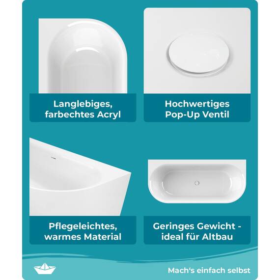 Calmwaters Vorwand-Badewanne 180x80 cm Komplettset Seamless Comfort, fugenloses Design, vormontiert mit Schürze & Ablaufgarnitur, Made in EU, Acryl, 02SL6220