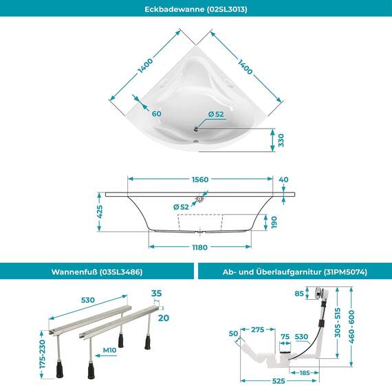 Calmwaters® Eckbadewanne Komplettset 140x140 cm mit Schürze, Wannenfüßen & Ablaufgarnitur, Acrylwanne Original, Duowanne für 2, Set Badewanne komplett, Duo-Badewanne 140 x 140 cm, Weiß, 99000090