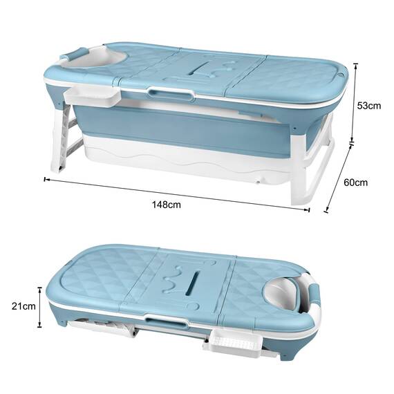 TRMLBE Badewanne Erwachsene Faltbare 148 x 62 x 52cm PP+TPE Badewanne Klappbar Tragbar Mobile Bathtub mit Abnehmbare Abdeckung und Griff - Blau