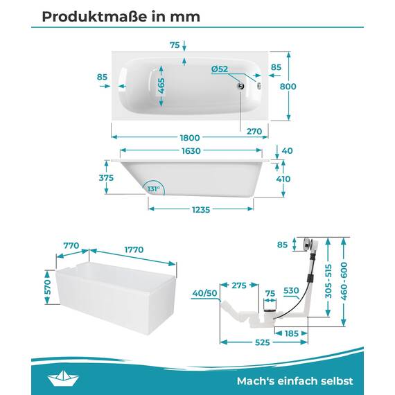 Calmwaters® Badewanne Komplettset 180x80 cm mit Wannenträger & Ablaufgarnitur, Set Acryl-Badewanne rechteckig, Original Rechteckbadewanne 180 x 80 cm, Weiß