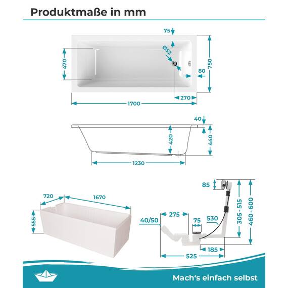 Calmwaters® Rechteck Badewanne Komplettset 170x75 cm mit Wannenträger & Ablaufgarnitur, Körperformwanne, Set Acryl-Badewanne komplett, Rechteckbadewanne Modern Square 170 x 75 cm, Weiß