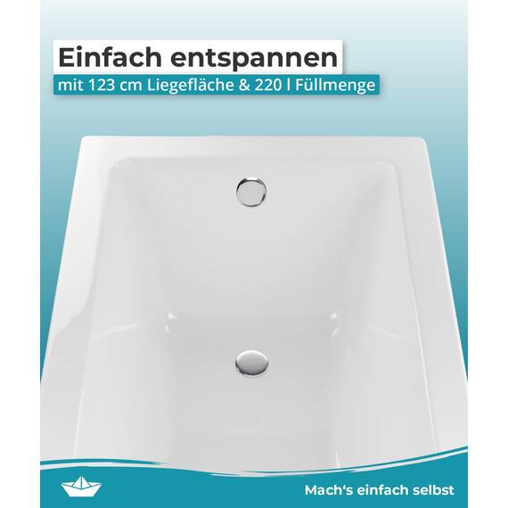 Calmwaters® Rechteck Badewanne Komplettset 170x75 cm mit Wannenträger & Ablaufgarnitur, Körperformwanne, Set Acryl-Badewanne komplett, Rechteckbadewanne Modern Square 170 x 75 cm, Weiß