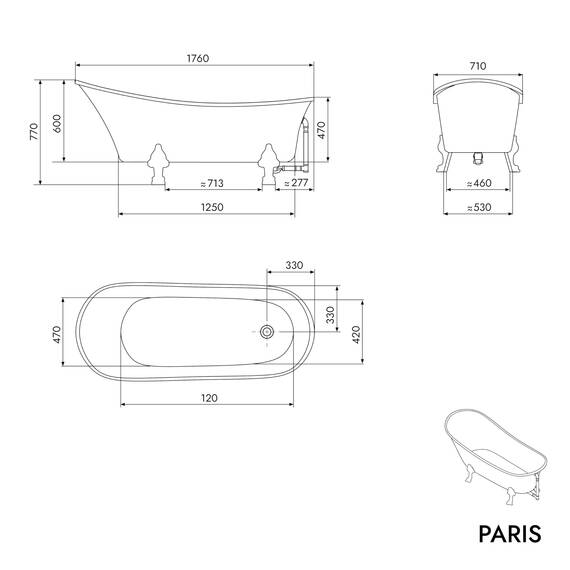 Freistehende Badewanne PARIS Acryl - 176 x 71 cm - Nostalgie Wanne aus Sanitäracryl mit Metallfüßen Farbe:Weiß Glänzend, Standarmatur:Ohne Standarmatur, Farbe der Füße:chrom
