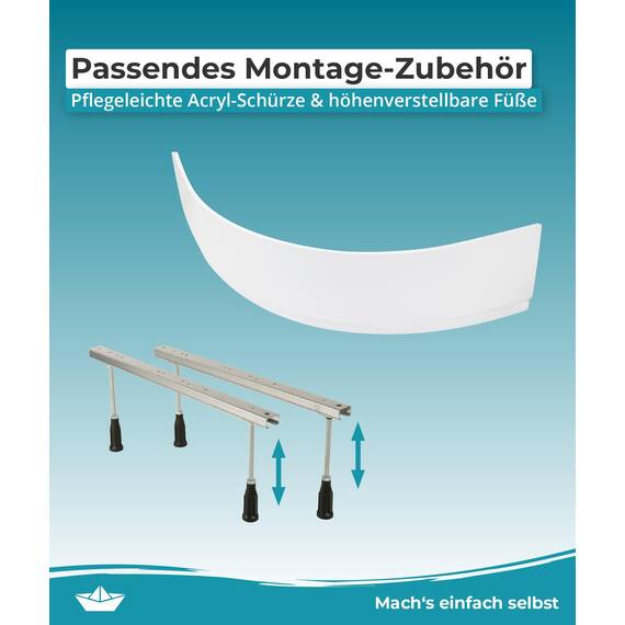 Calmwaters® Eckbadewanne Komplettset 150x150 cm Curved Wellness, Made in EU, 4in1 Acryl-Wanne mit Schürze, Wannenfüßen & Ablaufgarnitur, Duowanne mit integriertem Sitz, Eckwanne 150 x 150, Weiß