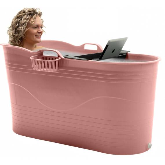 HelloBath® Mobile Badewanne XL 122x56x64 cm für Erwachsene | Tragbare Sitzbadewanne mit Abdeckhaube, Ablage, Seifenkorb & Ablaufschlauch | Badewanne für Dusche & Outdoor | Terrakotta