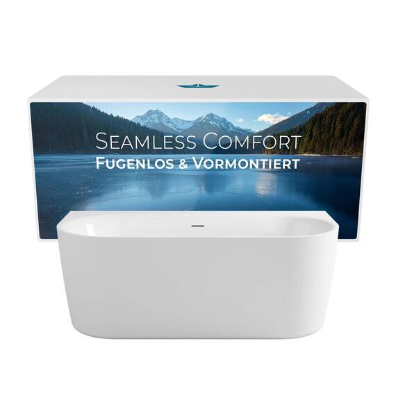 Calmwaters Vorwand-Badewanne 160x75 cm Komplettset Seamless Comfort, fugenloses Design, vormontiert mit Schürze & Ablaufgarnitur, Acryl, Made in EU, 02SL6221