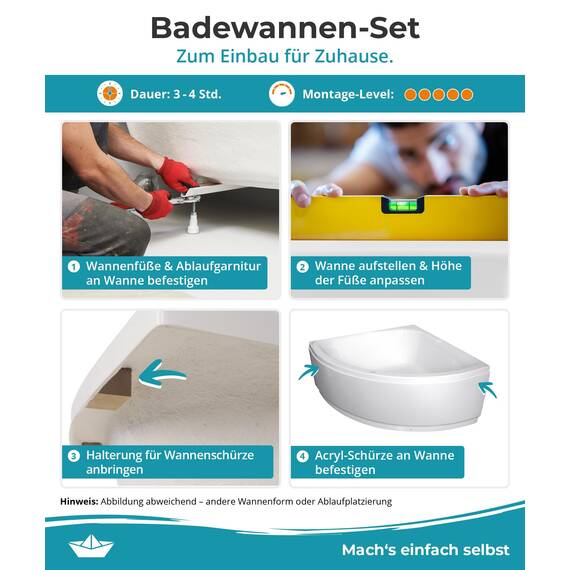 Calmwaters® Eckbadewanne Komplettset 150x150 cm Curved Wellness, Made in EU, 4in1 Acryl-Wanne mit Schürze, Wannenfüßen & Ablaufgarnitur, Duowanne mit integriertem Sitz, Eckwanne 150 x 150, Weiß