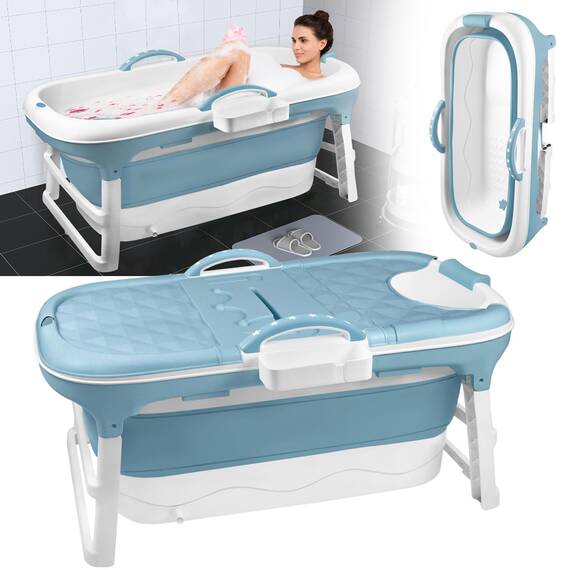 HENGMEI Faltbare Badewanne Erwachsene Mobile 112 x 62 x 52 cm Tragbare Badewanne Mit Abdeckung Massagerollen und Badewannenablage, BlauGrün