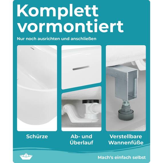 Calmwaters® Vorwand-Badewanne 180x80 cm Komplettset Seamless Comfort, fugenloses Design, vormontiert mit Schürze & Ablaufgarnitur, rechte Ausführung, Made in EU, Acryl, 02SL6222