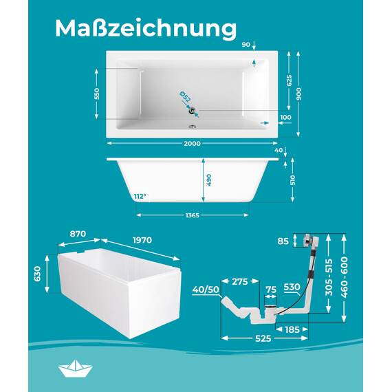 Calmwaters® Acryl Premium Badewanne Komplettset 200x90 cm - Made in EU - mit Wannenträger & Ablaufgarnitur - Duo-Badewanne 2 Personen