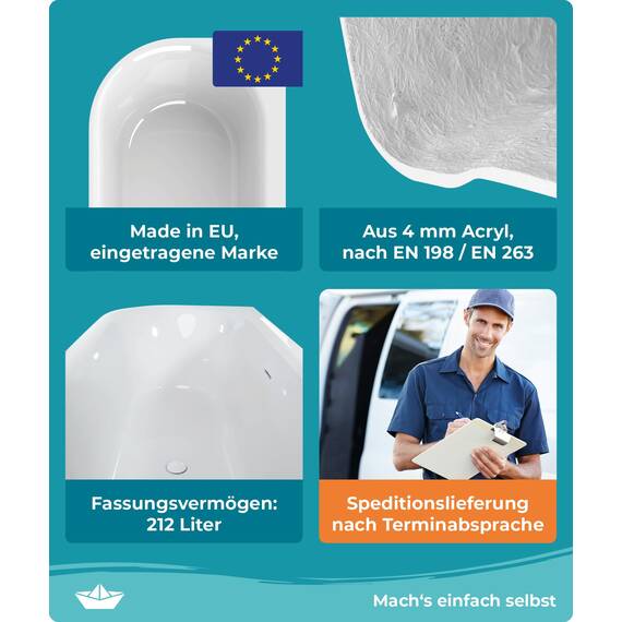 Calmwaters® Vorwand-Badewanne 160x75 cm Komplettset Seamless Comfort, fugenloses Design, vormontiert mit Schürze & Ablaufgarnitur, linke Ausführung, Made in EU, Acryl, 02SL6225