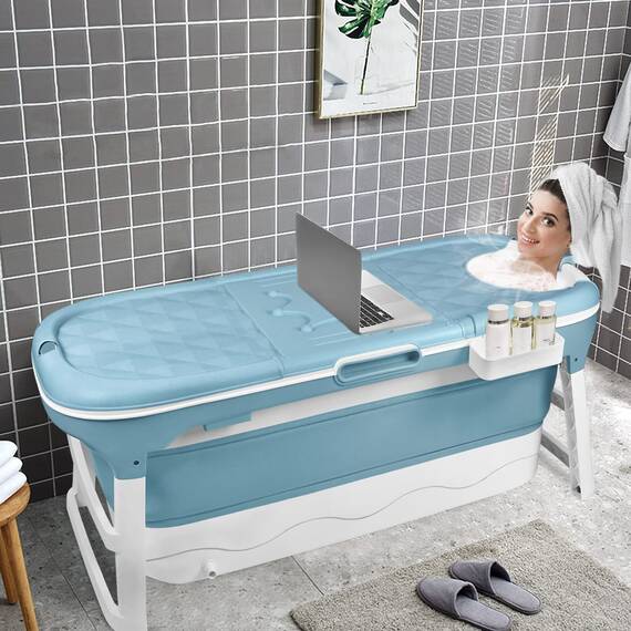 TRMLBE Badewanne Erwachsene Faltbare 148 x 62 x 52cm PP+TPE Badewanne Klappbar Tragbar Mobile Bathtub mit Abnehmbare Abdeckung und Griff - Blau