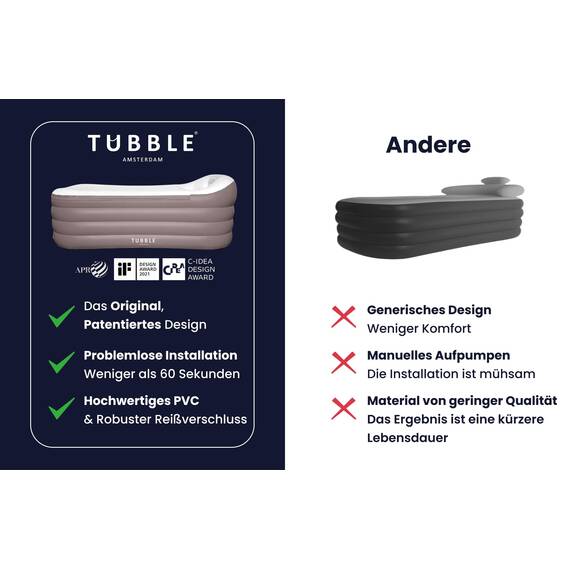 Tubble® Royale Badewanne Aufblasbar Ambiant Taupe 255 Liter - Faltbare Badewanne für Erwachsene bis 188 cm, Aufbau in 1min, Für Indoor und Outdoor, Home Spa & Eisbad