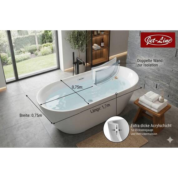 Jet-Line Design Moderne Badewanne Freistehend Lausanne II Weiß Ergonomisches und Pflegeleichtes Acryl Luxuriöses Badeerlebnis für Ihr Badezimmer 170 x 80 x 58 cm