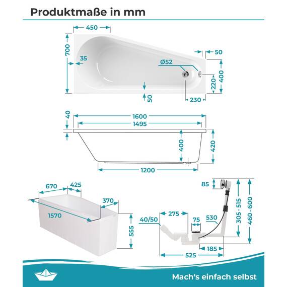 Calmwaters® Raumspar-Badewannen-Set 160x70 cm, Made in EU, mit Wannenträger & Ablaufgarnitur, Acrylwanne Essential Small, platzsparende Wanne, Set Badewanne komplett, 160 x 70 cm, Weiß