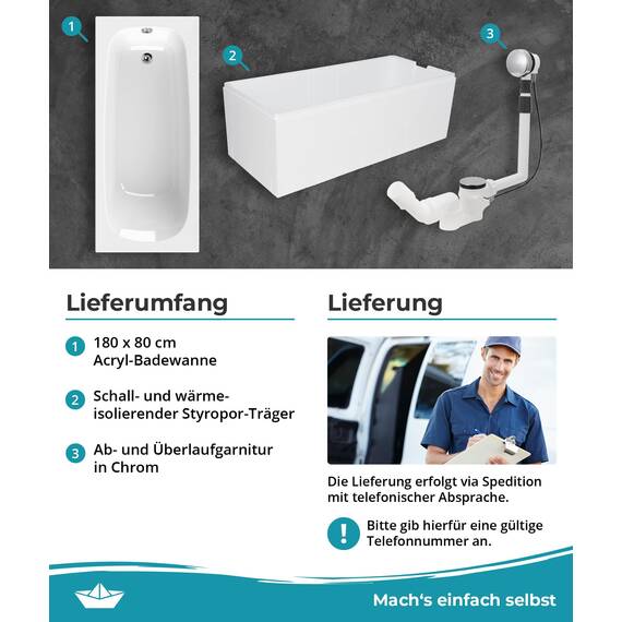 Calmwaters® Badewanne Komplettset 180x80 cm mit Wannenträger & Ablaufgarnitur, Set Acryl-Badewanne rechteckig, Original Rechteckbadewanne 180 x 80 cm, Weiß
