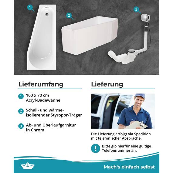 Calmwaters® Raumspar-Badewannen-Set 160x70 cm, Made in EU, mit Wannenträger & Ablaufgarnitur, Acrylwanne Essential Small, platzsparende Wanne, Set Badewanne komplett, 160 x 70 cm, Weiß