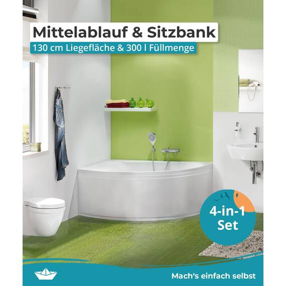 Calmwaters® Eckbadewanne Komplettset 150x150 cm Curved Wellness, Made in EU, 4in1 Acryl-Wanne mit Schürze, Wannenfüßen & Ablaufgarnitur, Duowanne mit integriertem Sitz, Eckwanne 150 x 150, Weiß