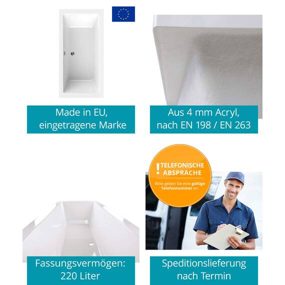 Calmwaters® Badewanne Komplettset 170x75 cm Modern Select, Acryl-Badewanne mit Wannenträger und Excenter-Ablaufgarnitur, Körperformbadewanne für Zwei, Rechteckbadewanne 170 x 75, Weiß, 99000157