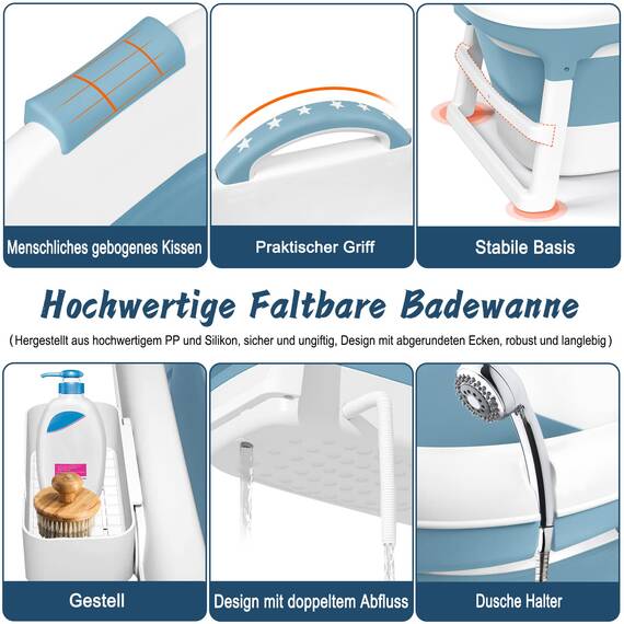 HENGMEI Faltbare Badewanne Erwachsene Mobile 112 x 62 x 52 cm Tragbare Badewanne Mit Abdeckung Massagerollen und Badewannenablage, BlauGrün