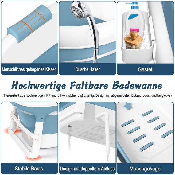 TRMLBE Badewanne Erwachsene Faltbare 148 x 62 x 52cm PP+TPE Badewanne Klappbar Tragbar Mobile Bathtub mit Abnehmbare Abdeckung und Griff - Blau