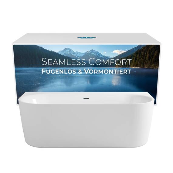 Calmwaters Vorwand-Badewanne 180x80 cm Komplettset Seamless Comfort, fugenloses Design, vormontiert mit Schürze & Ablaufgarnitur, Made in EU, Acryl, 02SL6220