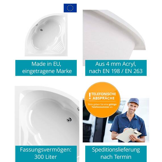 Calmwaters® Eckbadewanne Komplettset 150x150 cm mit Wannenträger, Acrylwanne Curved Wellness, Ab- & Überlaufgarnitur, Duowanne für 2, Sitzbadewanne, Set Sitz-Badewanne komplett, Weiß, 99000091