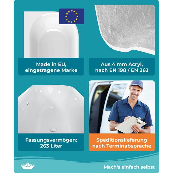 Calmwaters Vorwand-Badewanne 180x80 cm Komplettset Seamless Comfort, fugenloses Design, vormontiert mit Schürze & Ablaufgarnitur, Made in EU, Acryl, 02SL6220