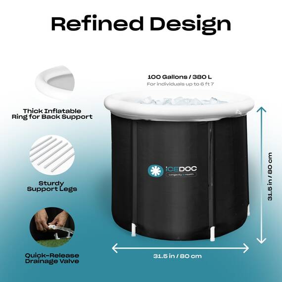 IceDoc Recovery Pod XL, Eisbad-Wanne für Sportler und Erwachsene – Aufblasbarer Recovery Pod für Kältetherapie mit Schutzabdeckung, Kapuzenbademantel, Stoppuhr und Rutschfester Matte