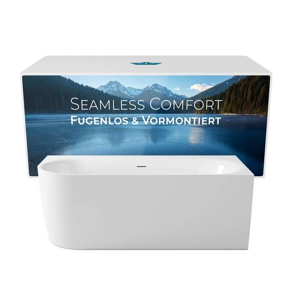Calmwaters® Vorwand-Badewanne 160x75 cm Komplettset Seamless Comfort, fugenloses Design, vormontiert mit Schürze & Ablaufgarnitur, linke Ausführung, Made in EU, Acryl, 02SL6225