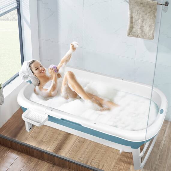 LARS360 Faltbare Badewanne Erwachsene, Reisebadewanne Klappbadewanne mit abnehmbare Abdeckung, Seifenkorb, Massagerollen, Mobile Badewanne für kleines Badezimmer (128 x 62 x 53 cm)