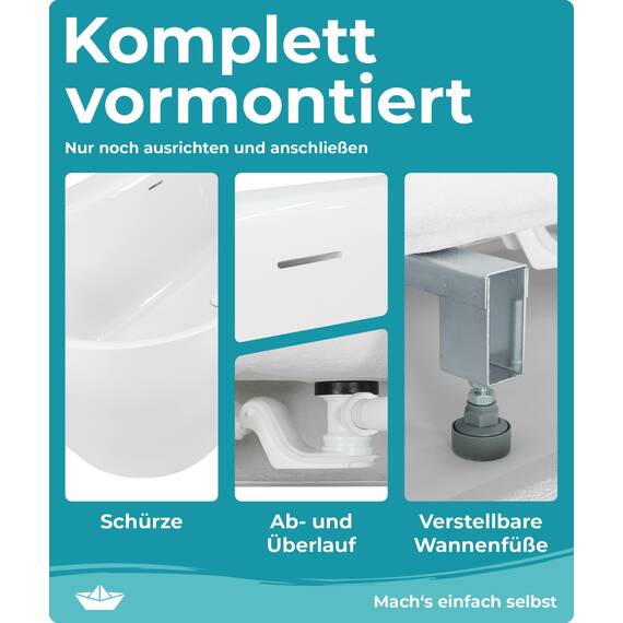 Calmwaters® Vorwand-Badewanne 160x75 cm Komplettset Seamless Comfort, fugenloses Design, vormontiert mit Schürze & Ablaufgarnitur, linke Ausführung, Made in EU, Acryl, 02SL6225