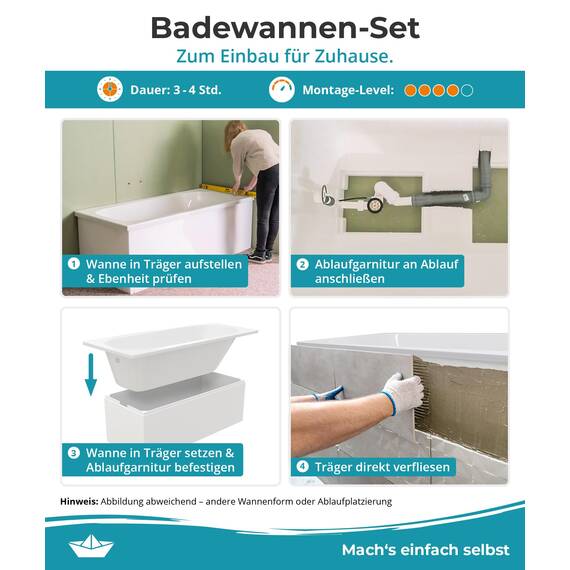 Calmwaters® Rechteck Badewanne Komplettset 170x75 cm mit Wannenträger & Ablaufgarnitur, Körperformwanne, Set Acryl-Badewanne komplett, Rechteckbadewanne Modern Square 170 x 75 cm, Weiß