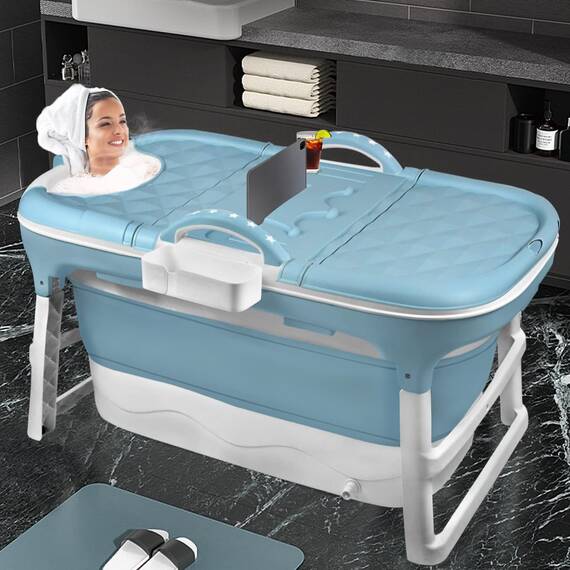 HENGMEI Faltbare Badewanne Erwachsene Mobile 112 x 62 x 52 cm Tragbare Badewanne Mit Abdeckung Massagerollen und Badewannenablage, BlauGrün