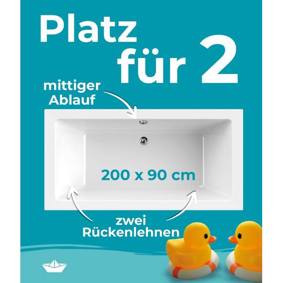 Calmwaters® Acryl Premium Badewanne Komplettset 200x90 cm - Made in EU - mit Wannenträger & Ablaufgarnitur - Duo-Badewanne 2 Personen