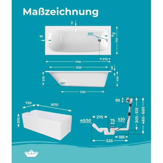 Calmwaters® Premium Badewanne Komplettset 170x75 cm, Made in EU, 3in1 Acryl-Badewanne mit Wannenträger & Ablaufgarnitur, Körperformbadewanne, Rechteckbadewanne, 200 l, Weiß