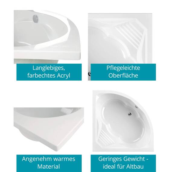 Calmwaters® Eckbadewanne Komplettset 150x150 cm mit Wannenträger, Acrylwanne Curved Wellness, Ab- & Überlaufgarnitur, Duowanne für 2, Sitzbadewanne, Set Sitz-Badewanne komplett, Weiß, 99000091
