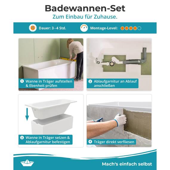 Calmwaters® Badewanne Komplettset 180x80 cm mit Wannenträger & Ablaufgarnitur, Set Acryl-Badewanne rechteckig, Original Rechteckbadewanne 180 x 80 cm, Weiß