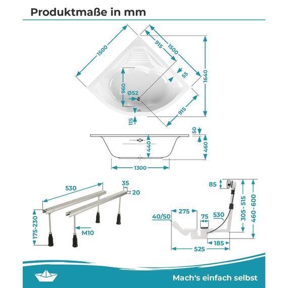 Calmwaters® Eckbadewanne Komplettset 150x150 cm Curved Wellness, Made in EU, 4in1 Acryl-Wanne mit Schürze, Wannenfüßen & Ablaufgarnitur, Duowanne mit integriertem Sitz, Eckwanne 150 x 150, Weiß