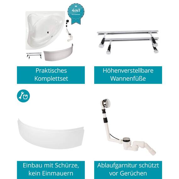 Calmwaters® Eckbadewanne Komplettset 140x140 cm mit Schürze, Wannenfüßen & Ablaufgarnitur, Acrylwanne Original, Duowanne für 2, Set Badewanne komplett, Duo-Badewanne 140 x 140 cm, Weiß, 99000090