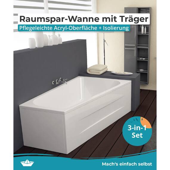 Calmwaters® Raumspar-Badewannen-Set 160x70 cm, Made in EU, mit Wannenträger & Ablaufgarnitur, Acrylwanne Essential Small, platzsparende Wanne, Set Badewanne komplett, 160 x 70 cm, Weiß