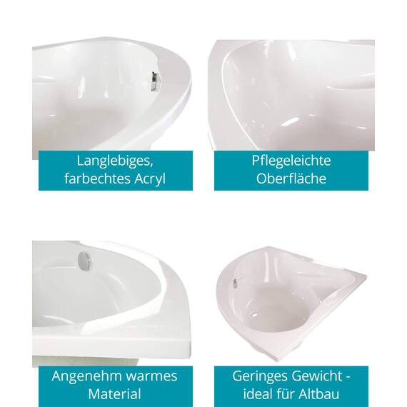 Calmwaters® Eckbadewanne Komplettset 140x140 cm mit Wannenträger & Ablaufgarnitur, Acrylwanne Original, Duowanne für 2, Sitzbadewanne, Set Badewanne komplett, Eckwanne 140 x 140, Weiß, 99000089