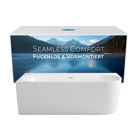 Calmwaters® Vorwand-Badewanne 180x80 cm Komplettset Seamless Comfort, fugenloses Design, vormontiert mit Schürze & Ablaufgarnitur, rechte Ausführung, Made in EU, Acryl, 02SL6222