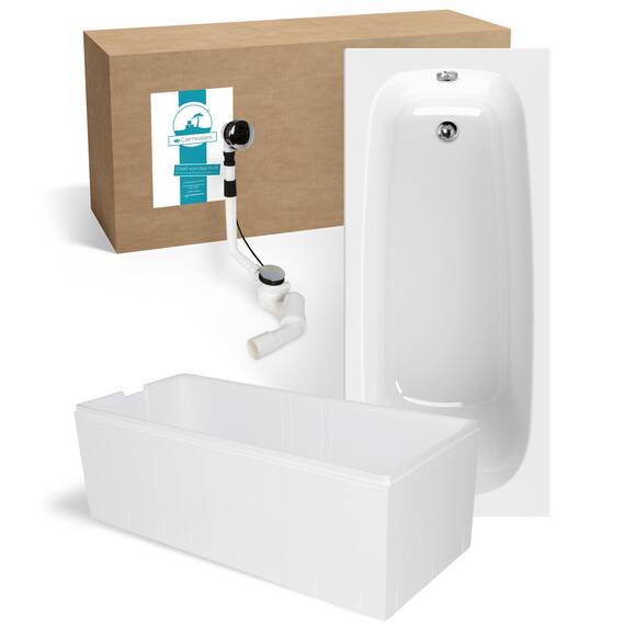 Calmwaters® Premium Badewanne Komplettset 170x75 cm, Made in EU, 3in1 Acryl-Badewanne mit Wannenträger & Ablaufgarnitur, Körperformbadewanne, Rechteckbadewanne, 200 l, Weiß
