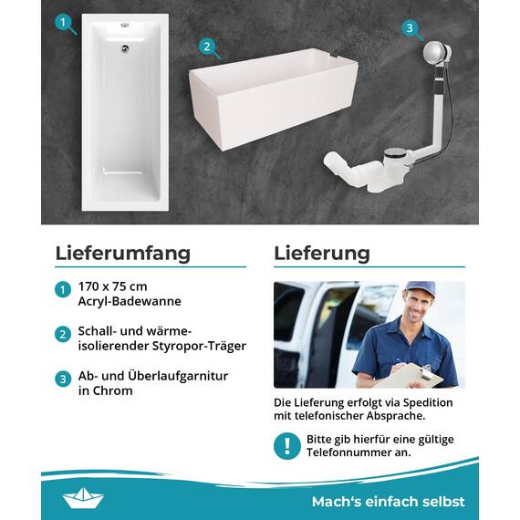 Calmwaters® Rechteck Badewanne Komplettset 170x75 cm mit Wannenträger & Ablaufgarnitur, Körperformwanne, Set Acryl-Badewanne komplett, Rechteckbadewanne Modern Square 170 x 75 cm, Weiß
