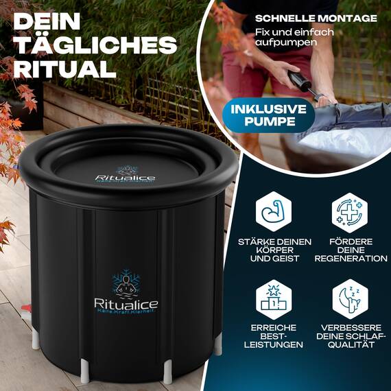 Ritualice® Premium Eisbad XL (80 cm Ø) TESTSIEGER - Eistonne Set mit Deckel und Stoffbezug - Eisbaden ideal für Kryotherapie und Regeneration - Eisfass mit 5-Facher Isolierung